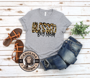 blessed boy mom leopard tee