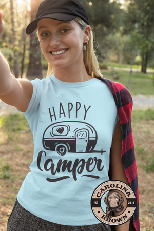 Vidner Gå vandreture tømmerflåde Happy Camper Camping T-Shirt – Carolina Brown Apparel
