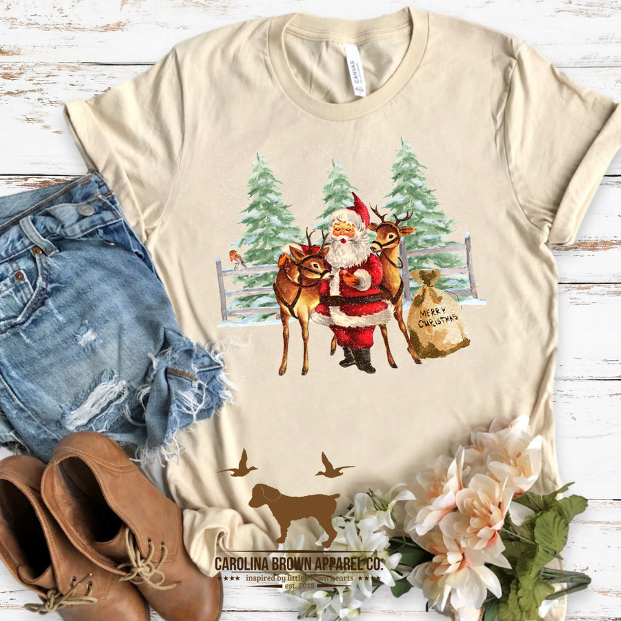 Santa and Reindeer Retro Christmas T-Shirt